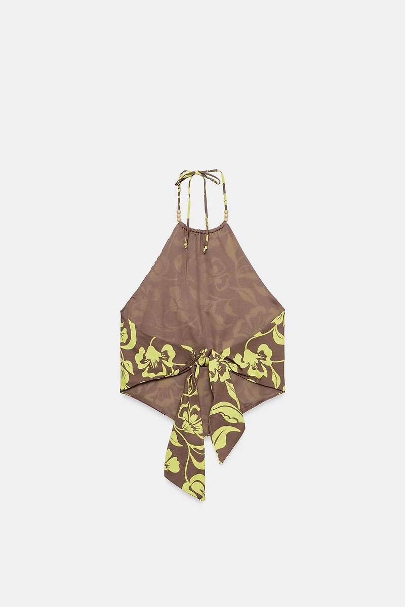 BEADED PRINT HALTER TOP