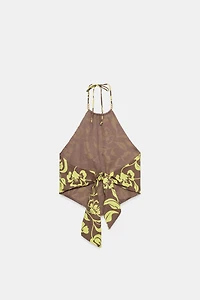 BEADED PRINT HALTER TOP