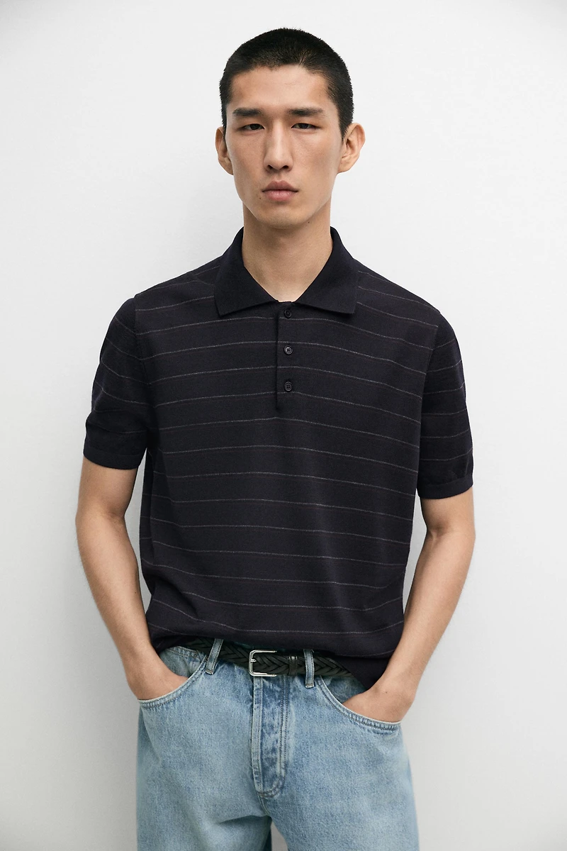 Striped short sleeve knit polo sweater