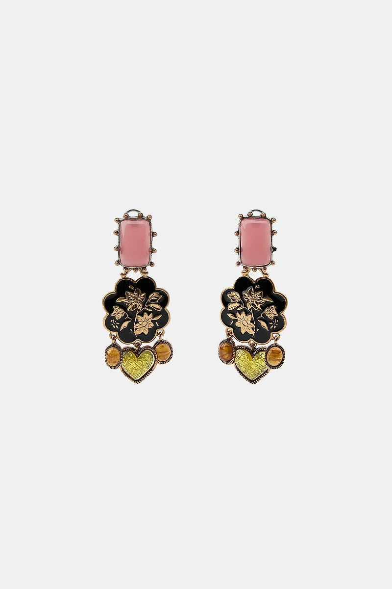 STONE FLOWER HEART EARRINGS