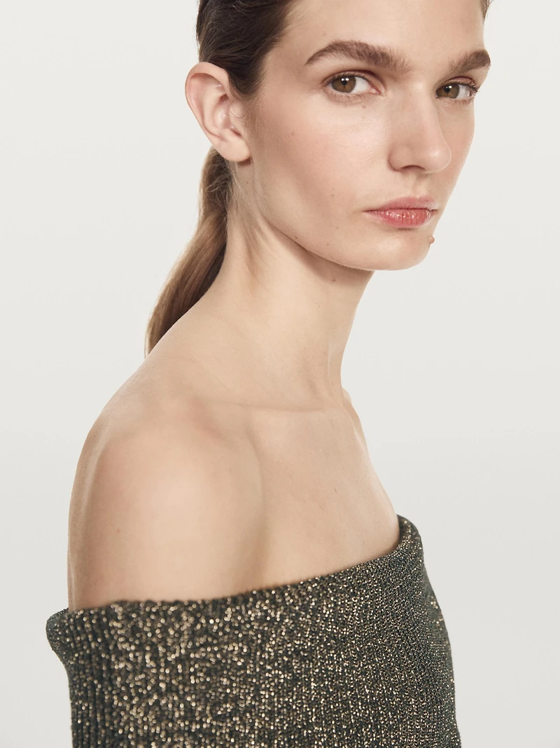 Off-the-shoulder knit sweater with metallic finish