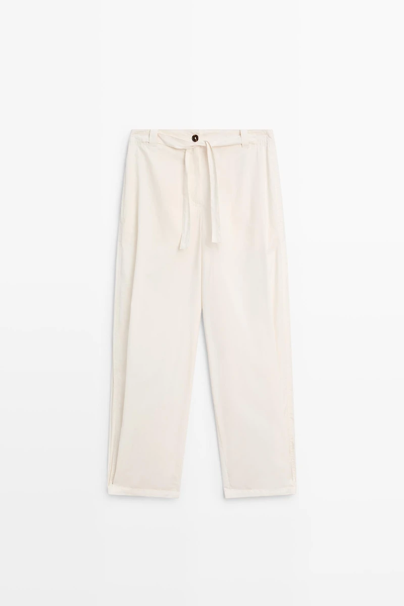 Cotton blend pants with tie detail