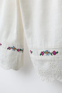 EMBROIDERED FLORAL COTTON AND LINEN CULOTTES