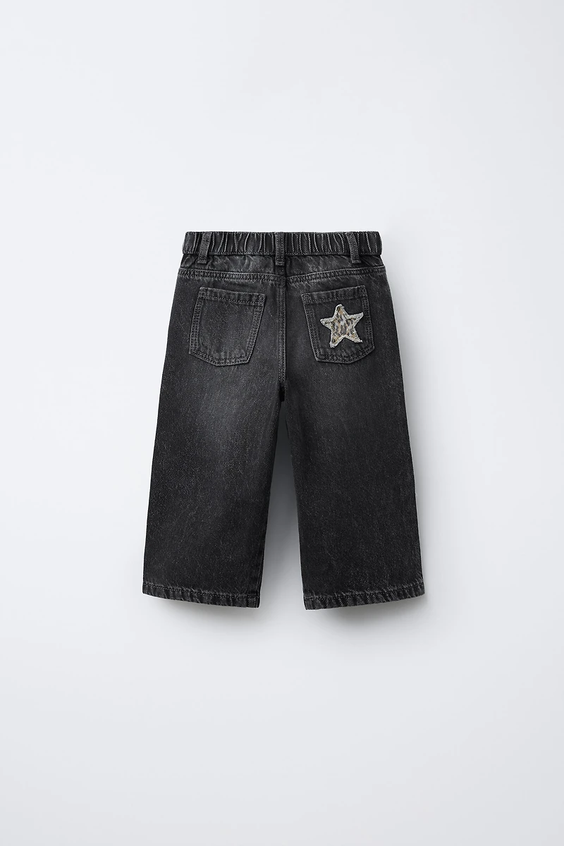 ANIMAL PRINT STAR PATCH WIDE LEG JEANS