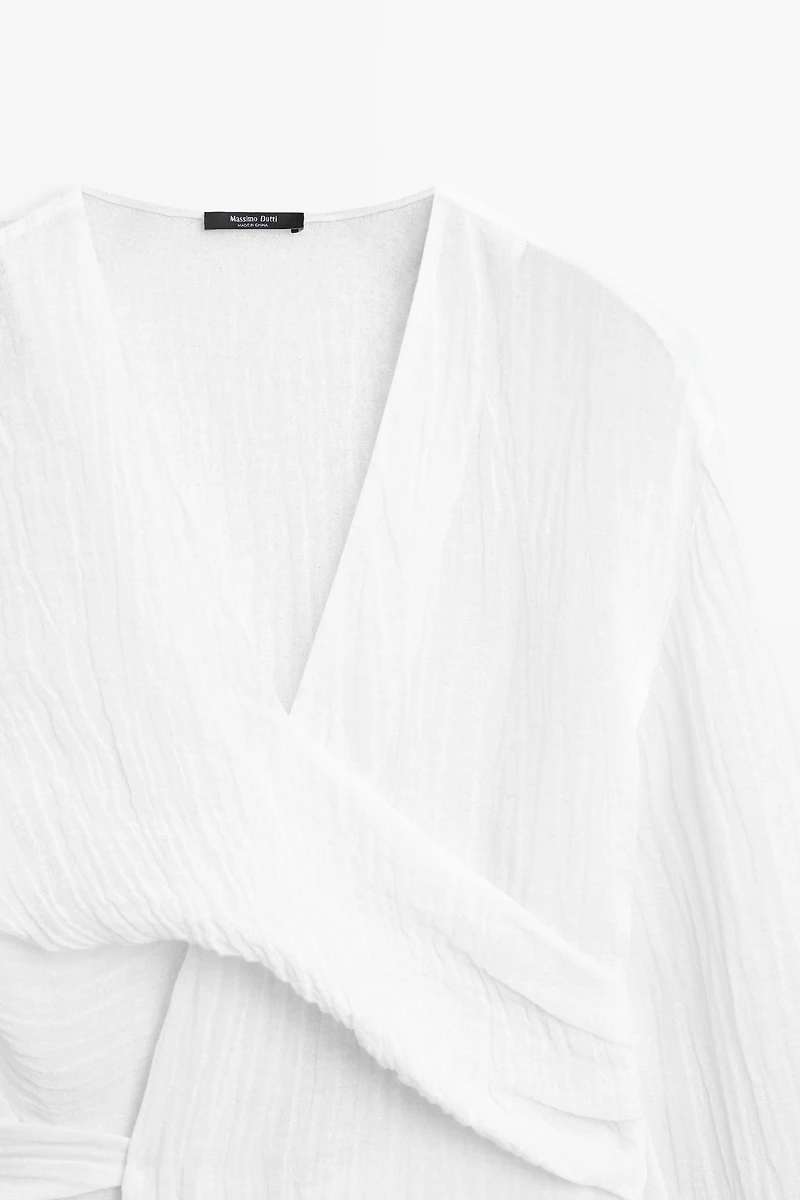 Linen blend blouse with sash belt
