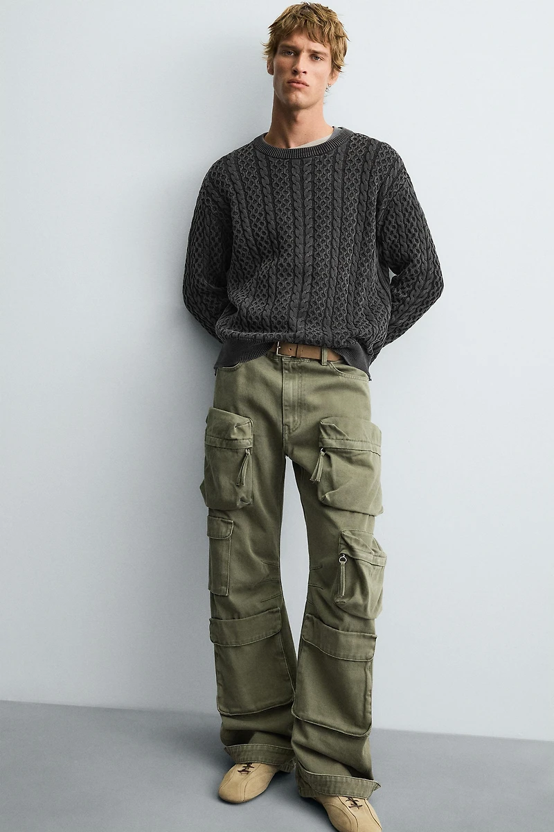 GARMENT-DYED CABLE KNIT SWEATER