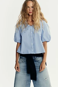 EMBROIDERED STRIPED PETER PAN COLLAR SHIRT