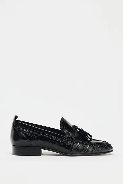 GATHERED TASSEL LEATHER LOAFERS
