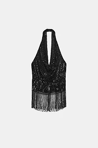 SEQUIN FRINGE HALTER TOP