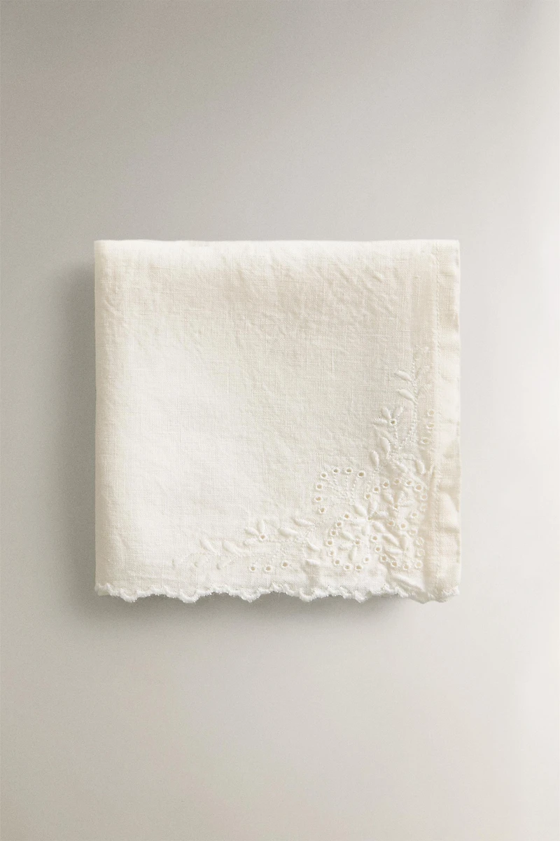 EMBROIDERED HEMSTITCHED WASHED LINEN TOWEL