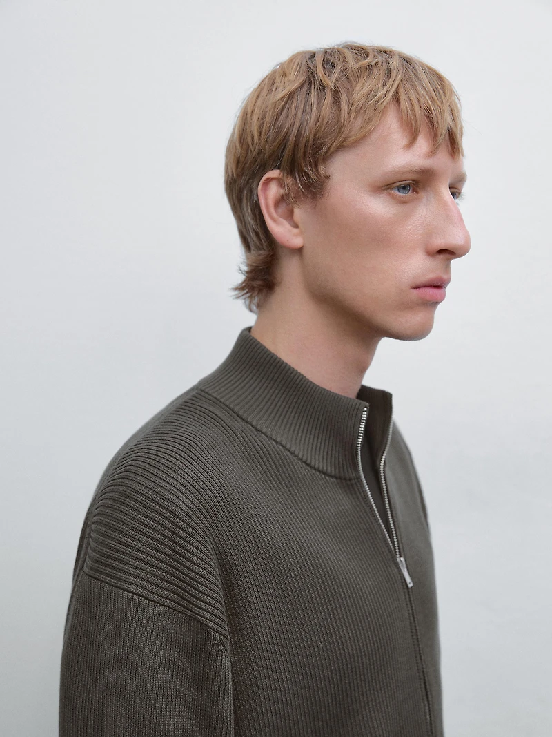 Cotton zip-up knit cardigan