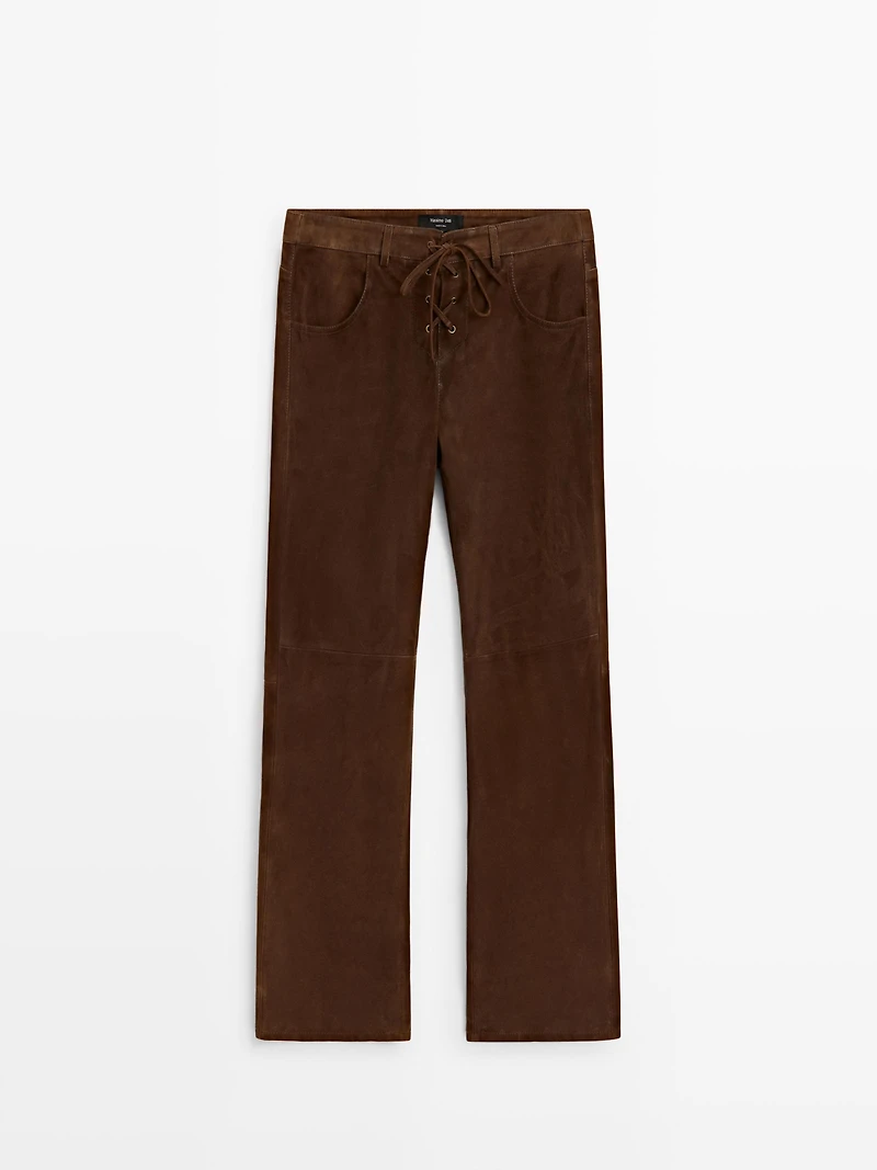 Cropped suede leather trousers with drawstrings