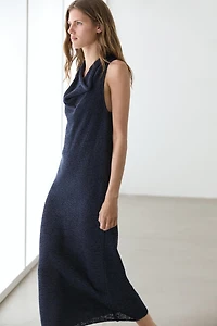 Knit midi dress with draped neckline