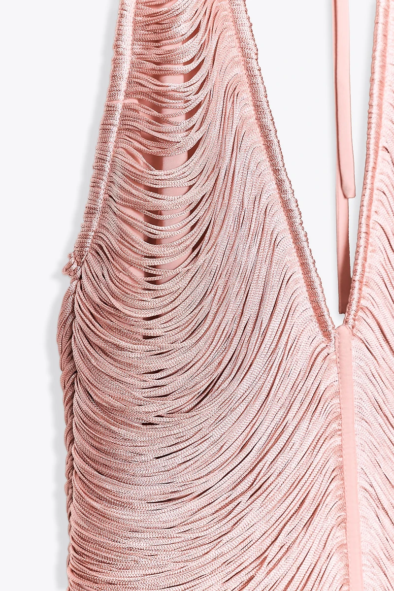 FRINGED HALTER MINI DRESS