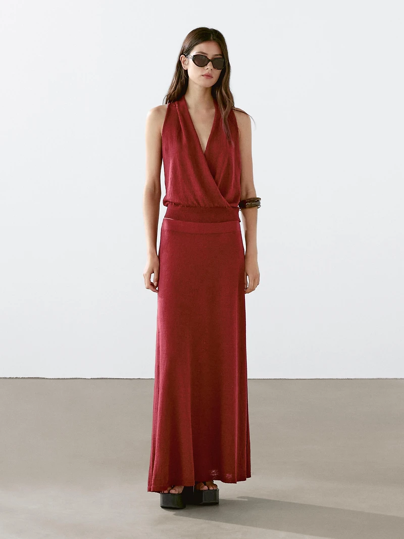Long linen blend knit skirt