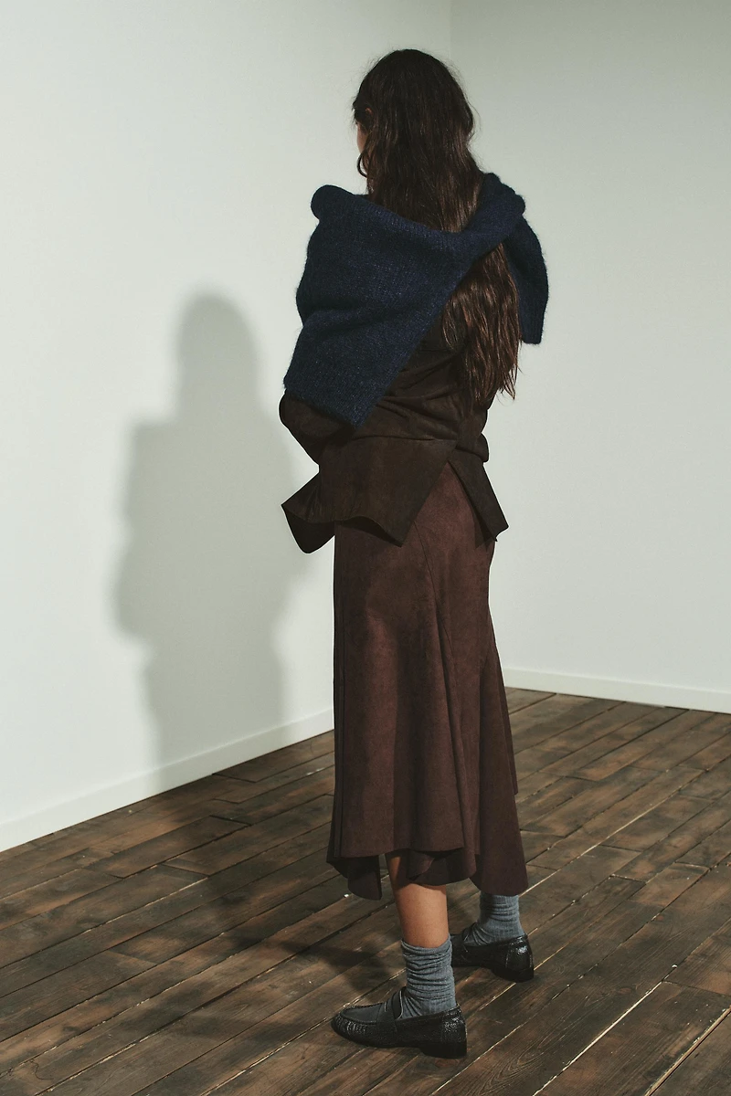 ASYMMETRIC FAUX SUEDE MIDI SKIRT