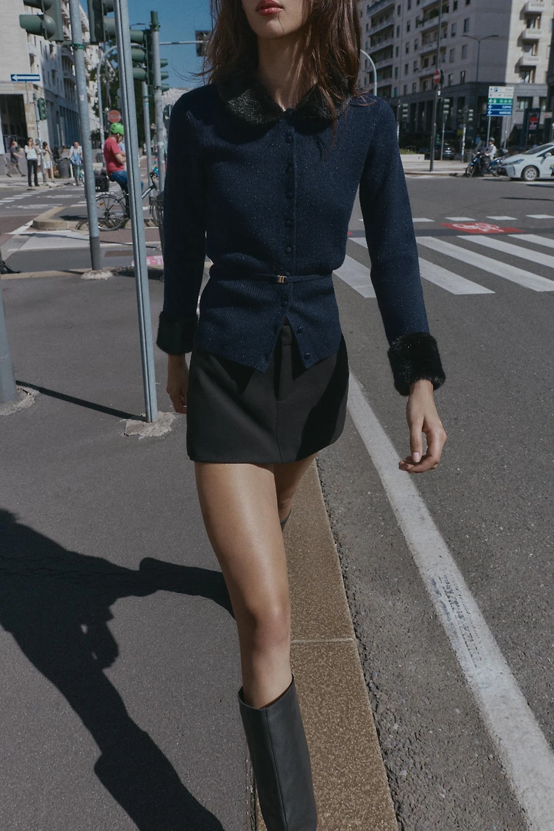 FAUX FUR TRIM COMBINATION CARDIGAN