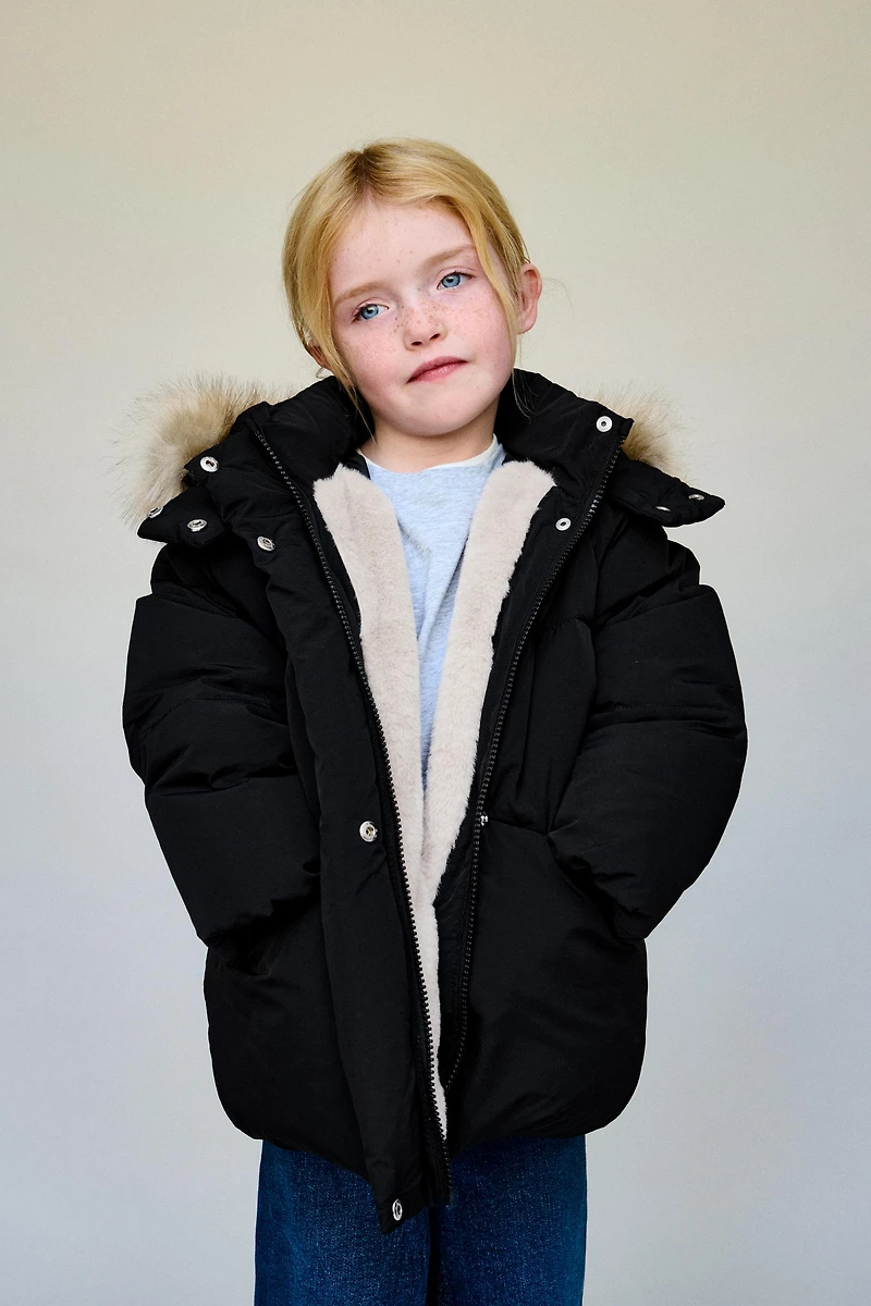 WATER REPELLENT DOWN PUFFER COAT WITH REMOVABLE FAUX FUR HOODIE