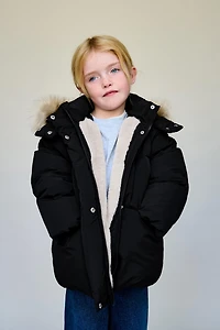 WATER REPELLENT DOWN PUFFER COAT WITH REMOVABLE FAUX FUR HOODIE