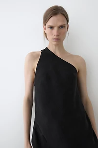 Asymmetric linen blend top with back detail