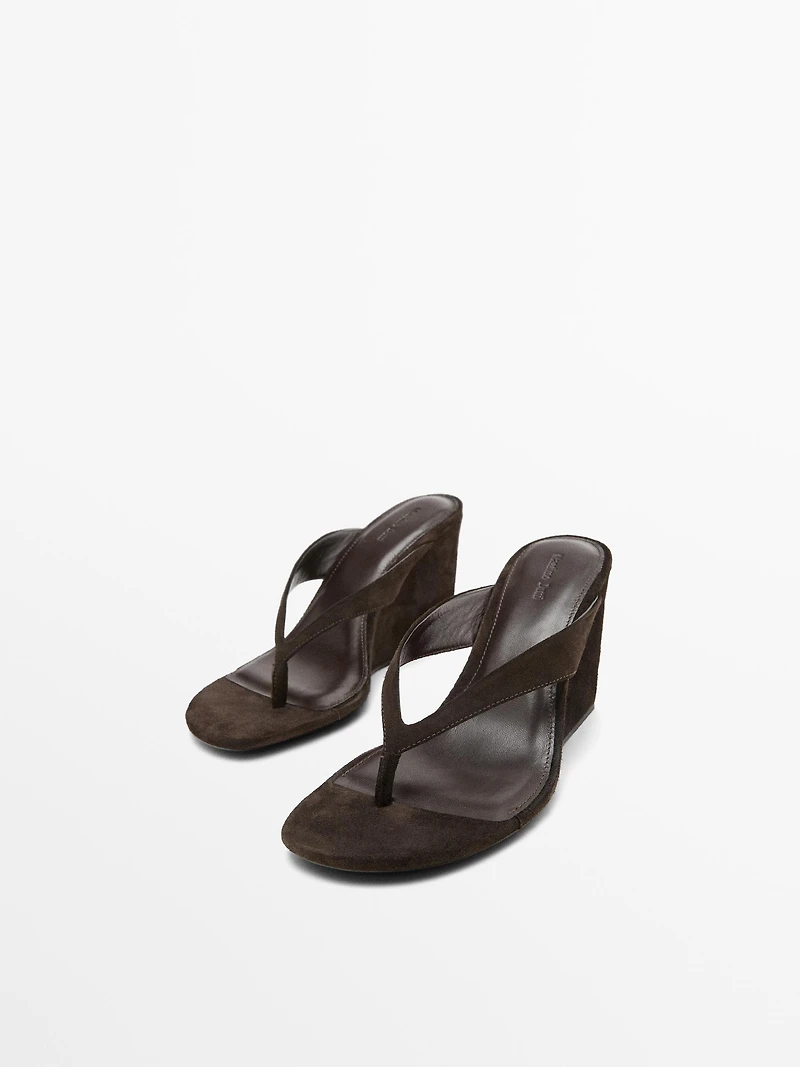 Split leather high-heel wedge sandals