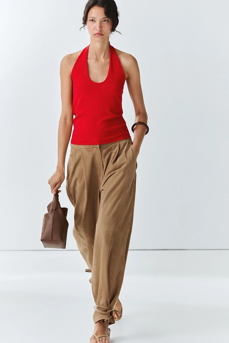 Suede leather pants with tie-detail hems