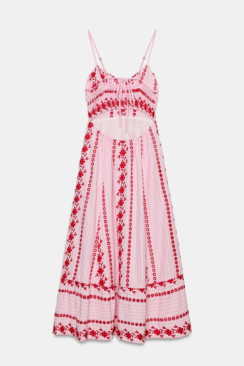 EMBROIDERED EYELET MIDI DRESS