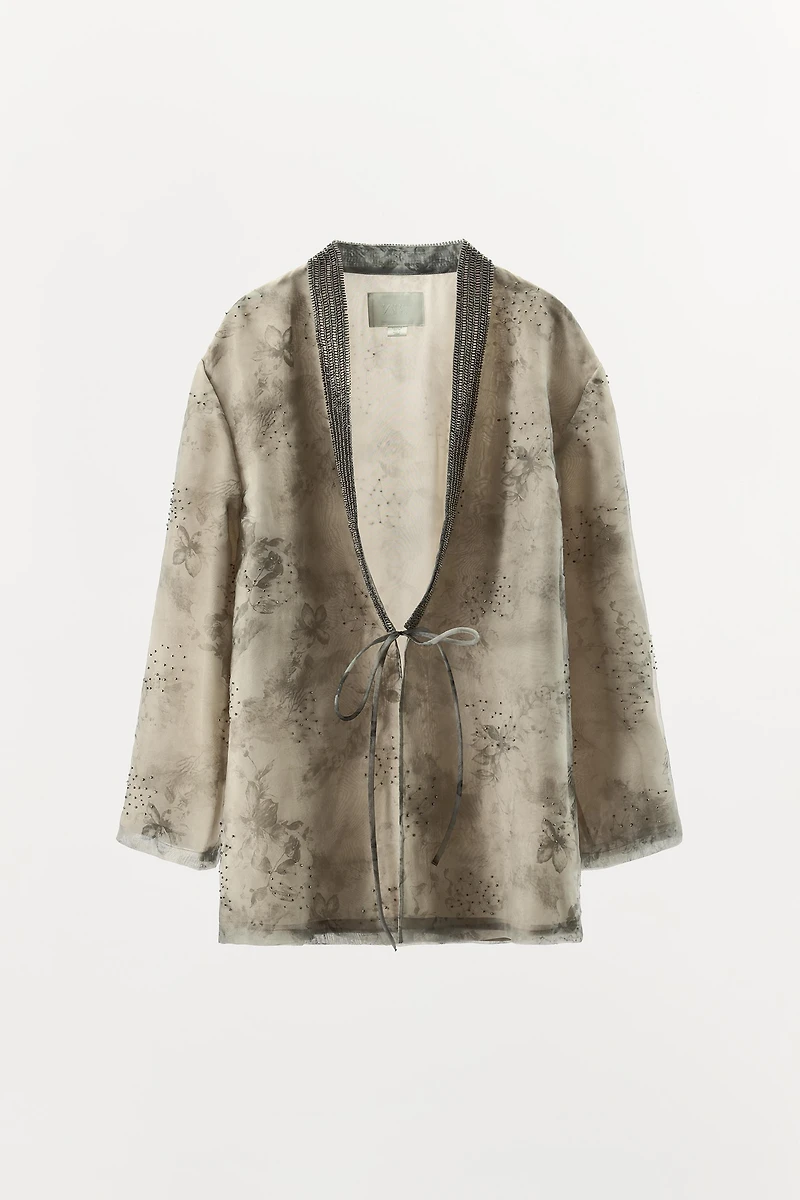 BEADED PRINT ORGANZA KIMONO