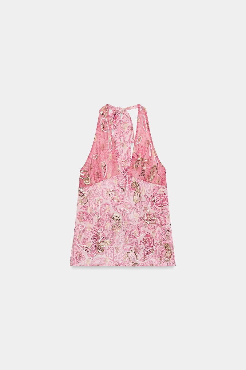 BEADED PRINTED GEORGETTE HALTER TOP