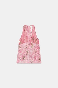 BEADED PRINTED GEORGETTE HALTER TOP