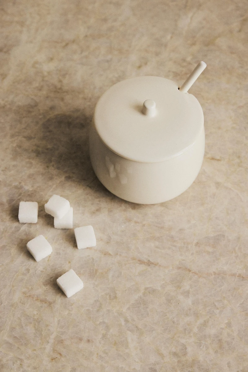 PLAIN STONEWARE SUGAR BOWL WITH SPOON