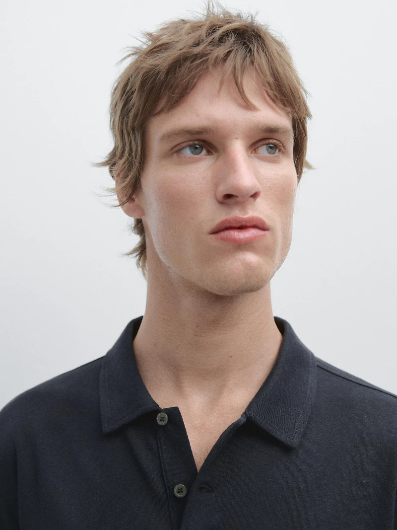 Linen and cotton short sleeve polo shirt