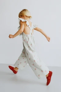 LONG EMBROIDERED FLORAL STRIPED JUMPSUIT