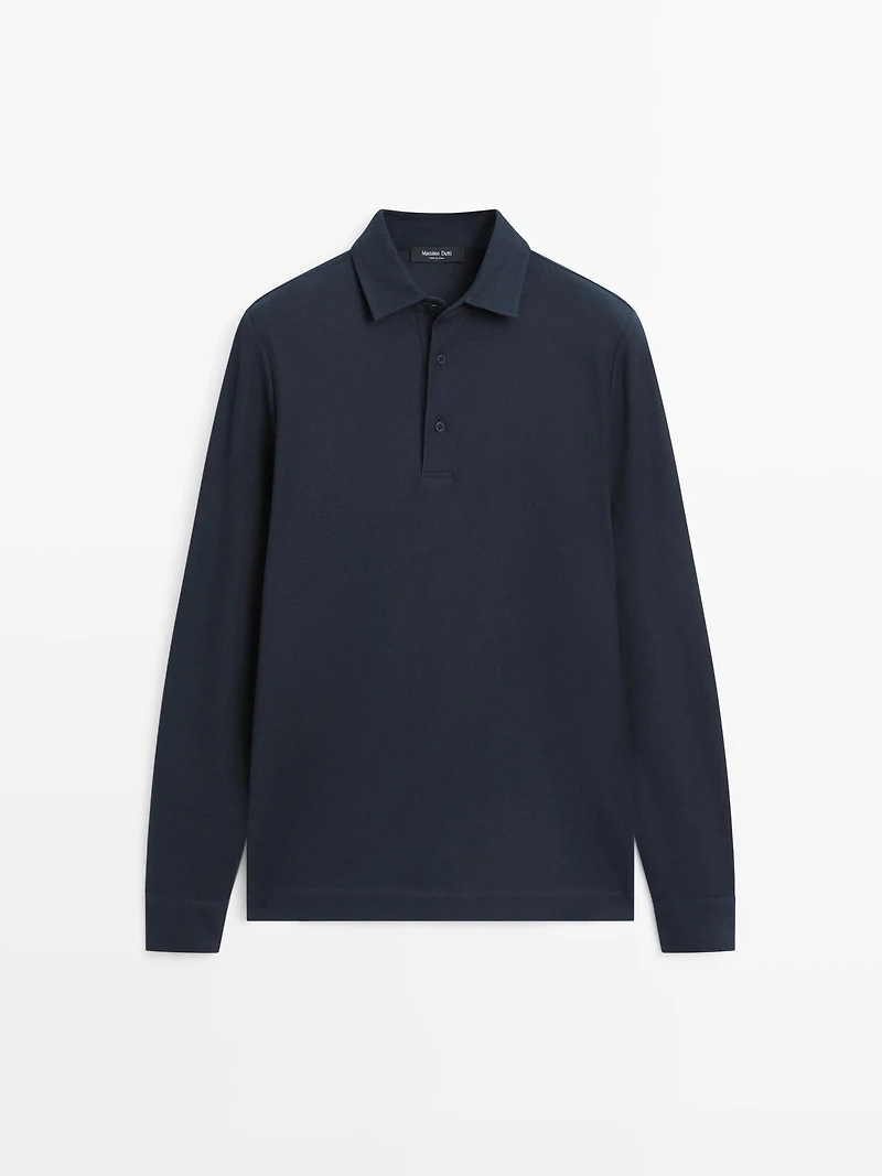 Polo texturé en piqué à manches longues