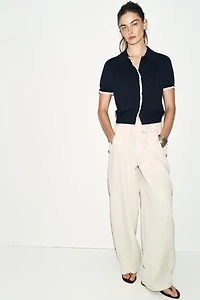 SHORT SLEEVE KNIT CARDIGAN WITH LACE TRIM