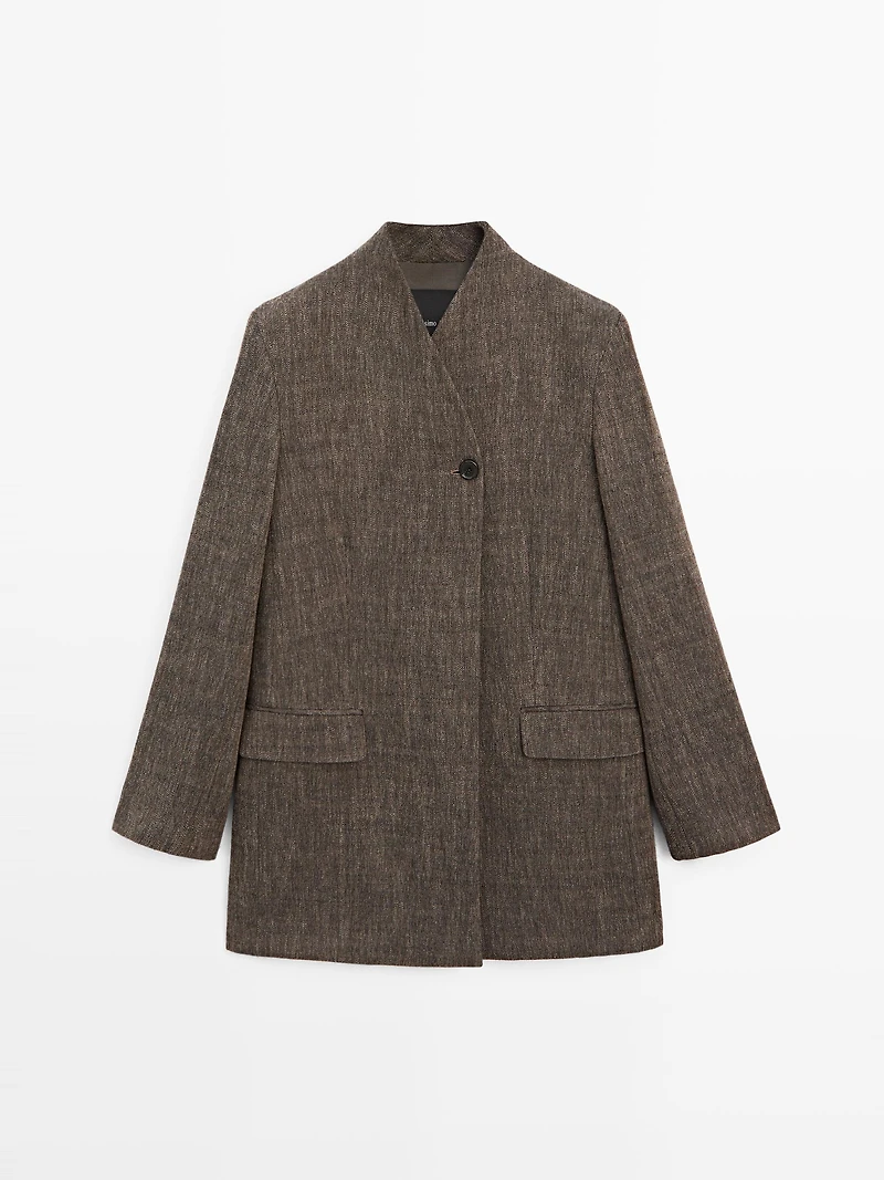 Flecked wool blend coat with high collar