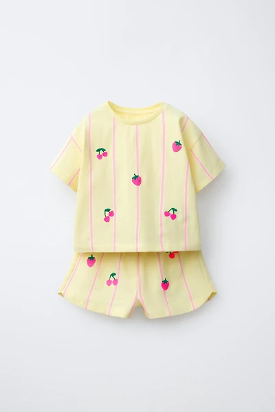 EMBROIDERED FRUIT STRIPED T-SHIRT AND BERMUDA SET
