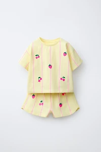 ENSEMBLE T-SHIRT ET BERMUDA À RAYURES FRUITÉES BRODÉES