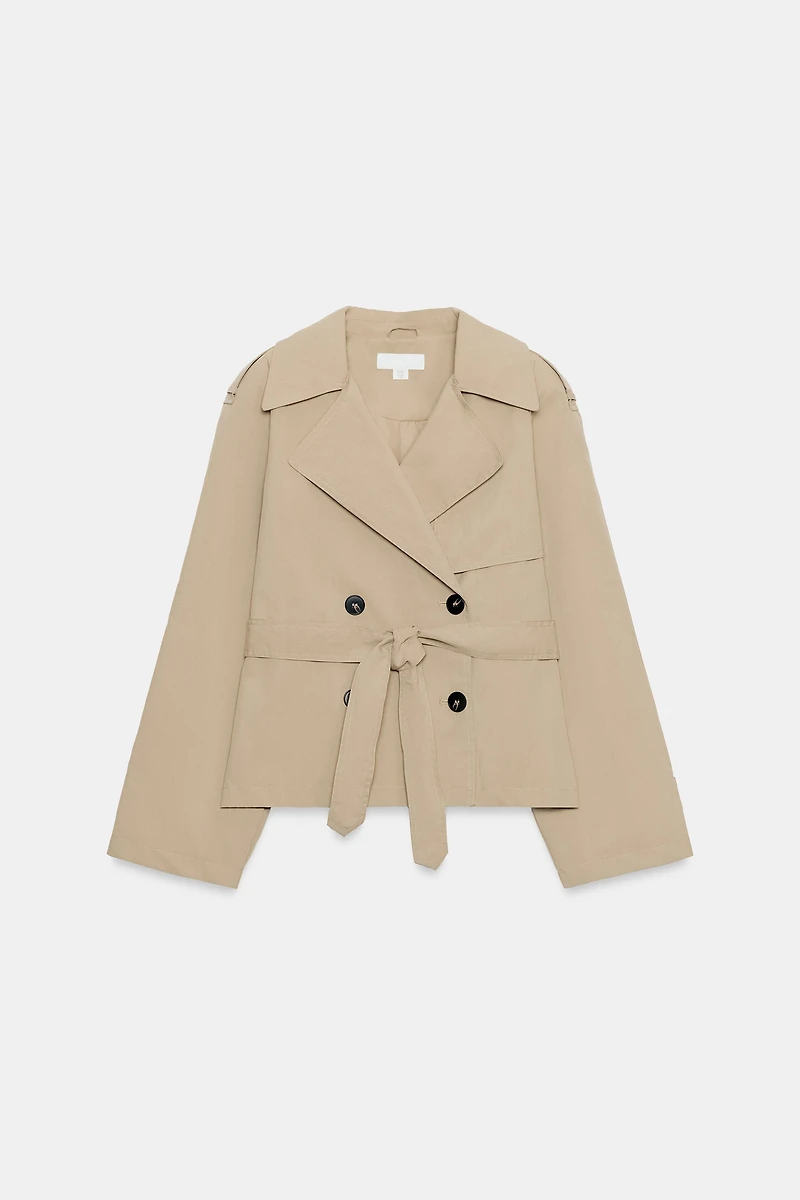SHORT TRENCH COAT WITH SHOULDER PADS AND BELT
