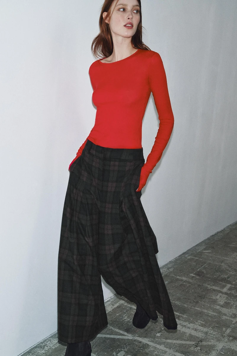 PLAID WOOL BLEND WIDE LEG PANTS ZW COLLECTION