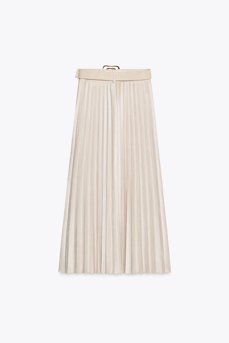 BELTED FAUX SUEDE EFFECT PLEATED MIDI SKIRT