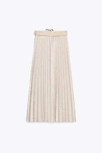 BELTED FAUX SUEDE EFFECT PLEATED MIDI SKIRT