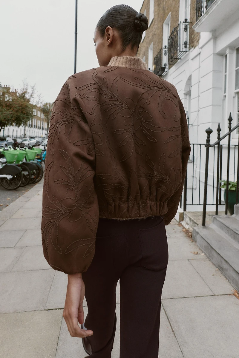 EMBROIDERED FAUX SUEDE BOMBER JACKET