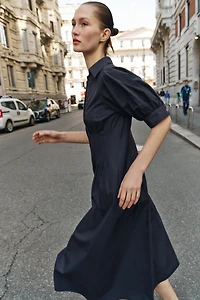 PUFF SLEEVE POPLIN MIDI DRESS