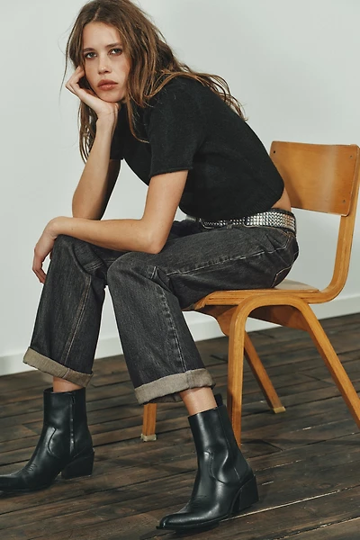 COWBOY LEATHER ANKLE BOOTS WITH TOPSTITCHING