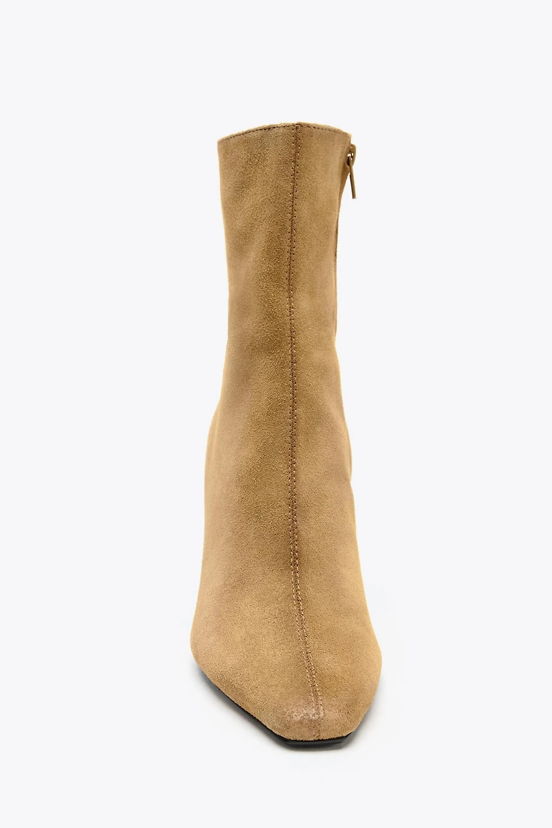 SPLIT LEATHER STILETTO HEEL ANKLE BOOTS