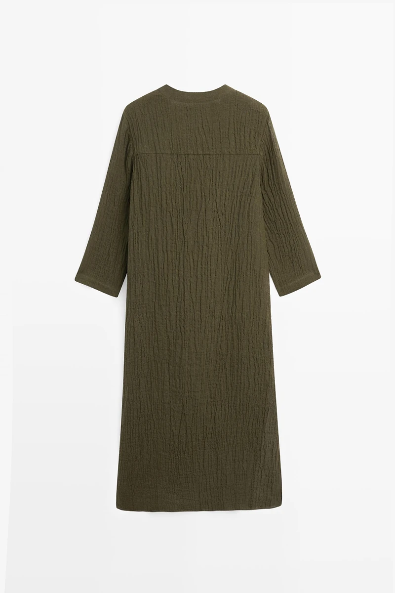 Linen blend waffle-knit shirt dress