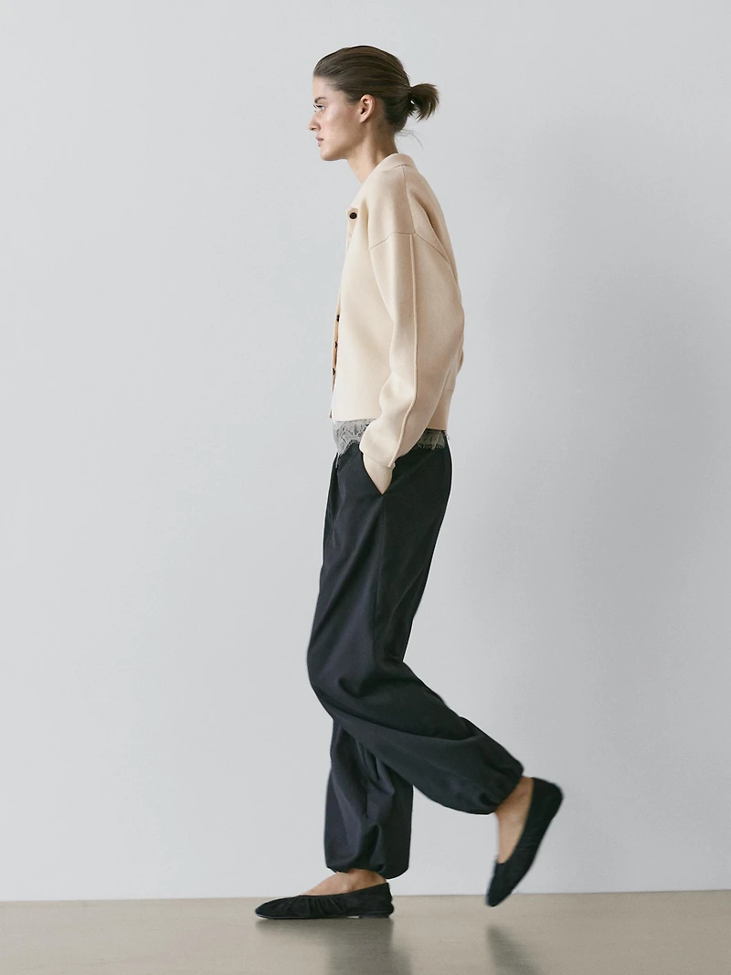 Cotton knit polo collar cardigan