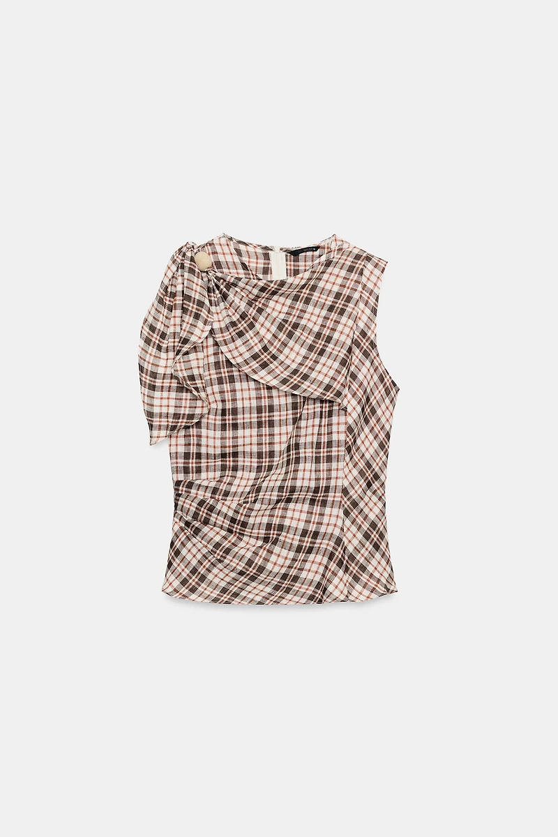 100% LINEN PLAID TOP