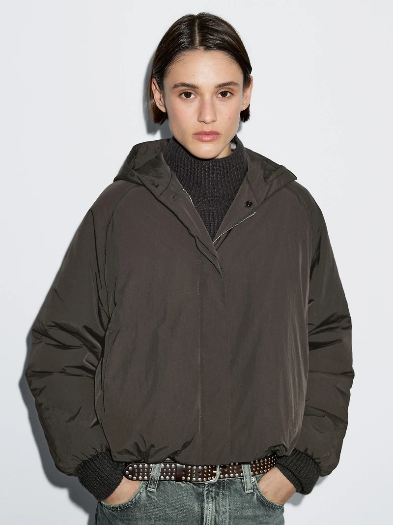 Water-repellent bomber jacket with hood